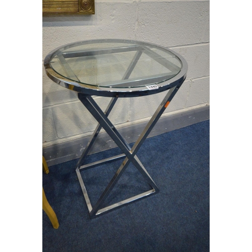 1445 - A MODERN CIRCULAR CHROME FRAMED OCCASSIONAL TABLE, diameter 50cm x height 70cm, a yellow painted occ... 