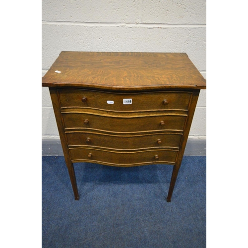 1449 - AN EARLY TO MID 20TH CENTURY OAK FOUR DRAWER CUTLERY CABINET, on square tapering legs, width 60cm x ... 