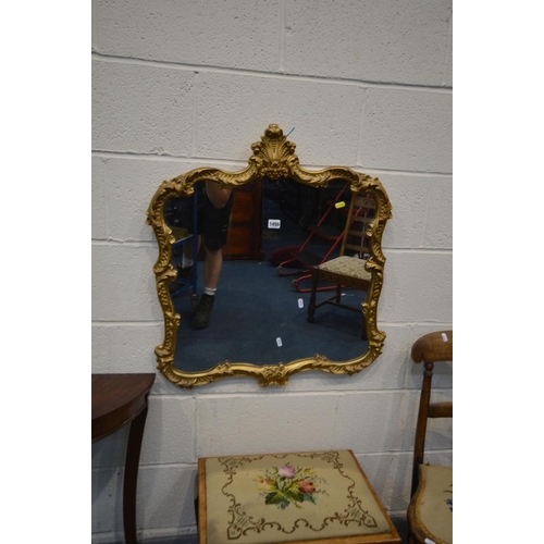 1450 - A FOLIATE GILT METAL WALL MIRROR, 66cm x 74cm, along with a French style demi lune hall table, oak d... 