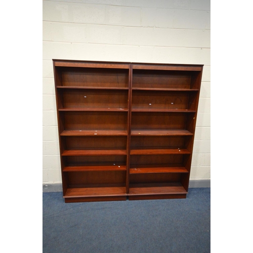 1468 - A PAIR OF BERESFORD AND HICKS MAHOGANY OPEN BOOKCASES, each with five adjustable shelves, width 91cm... 