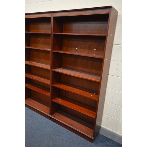 1468 - A PAIR OF BERESFORD AND HICKS MAHOGANY OPEN BOOKCASES, each with five adjustable shelves, width 91cm... 