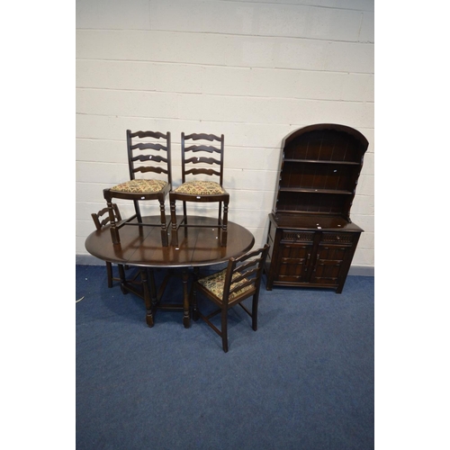 1469 - A PRIORY OAK GATE LEG TABLE, four chairs and a matching Dutch dresser, width 93cm x depth 40cm x hei... 