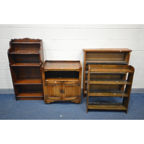 1475 - FOUR VARIOUS PIECES OF OAK FURNITURE, to include a linenfold two door cabinet, a tall open bookcase ... 