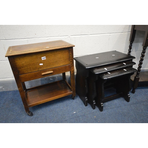 1476 - A QUANTITY OF OCCASIONAL FURNITURE, to include an oak sewing box, dark oak nest of three tables, oak... 