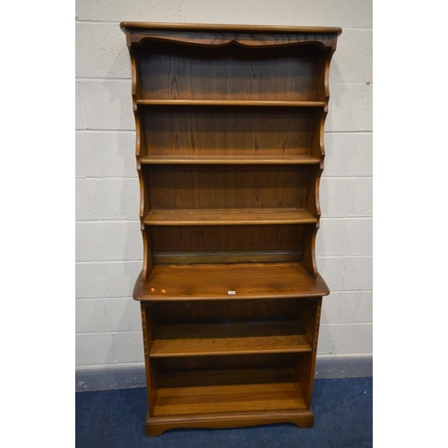 1482 - AN ERCOL GOLDEN DAWN ELM OPEN BOOKCASE, width 93cm x depth 36cm x height 193cm