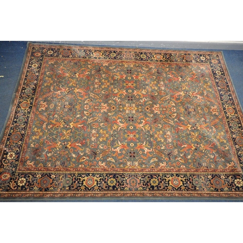 1486 - A LARGE WOOLLEN TABRIZ STYLE CARPET SQUARE, 346cm x 250cm and a pink tekke rug and a red rug (3)