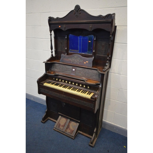 1488 - AN EDWARDIAN 'W W PUTMAN' MAHOGANY PUMP ORGAN, with a mirrored top, width 108cm x depth 52cm x heigh... 