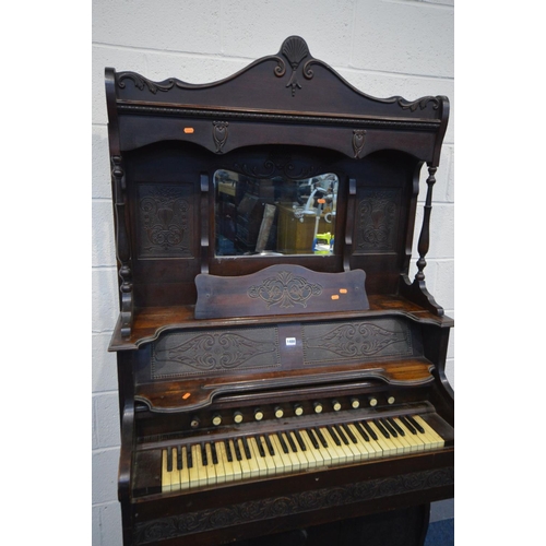 1488 - AN EDWARDIAN 'W W PUTMAN' MAHOGANY PUMP ORGAN, with a mirrored top, width 108cm x depth 52cm x heigh... 