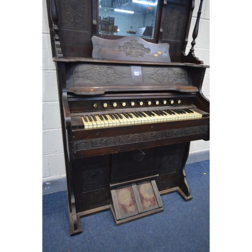 1488 - AN EDWARDIAN 'W W PUTMAN' MAHOGANY PUMP ORGAN, with a mirrored top, width 108cm x depth 52cm x heigh... 