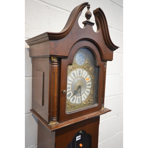 1489 - A MAHOGANY CHIMING LONGCASE CLOCK, marked to dial ECS Westminster, Germany, height 213cm (three weig... 