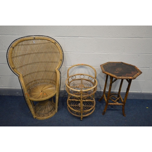 1491 - A WICKER PEACOCK CHAIR, along with a bamboo drinks trolley and an oriental bamboo occasional table (... 