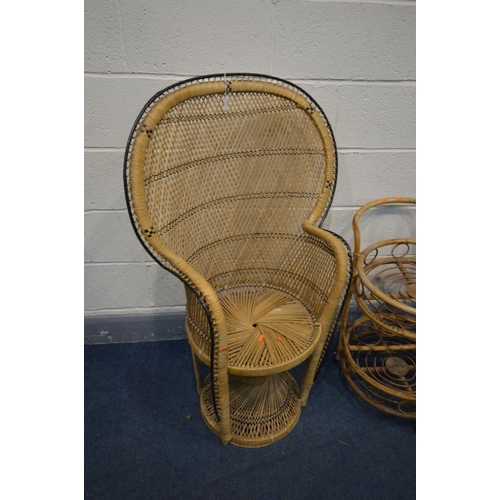 1491 - A WICKER PEACOCK CHAIR, along with a bamboo drinks trolley and an oriental bamboo occasional table (... 