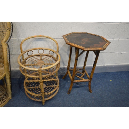 1491 - A WICKER PEACOCK CHAIR, along with a bamboo drinks trolley and an oriental bamboo occasional table (... 