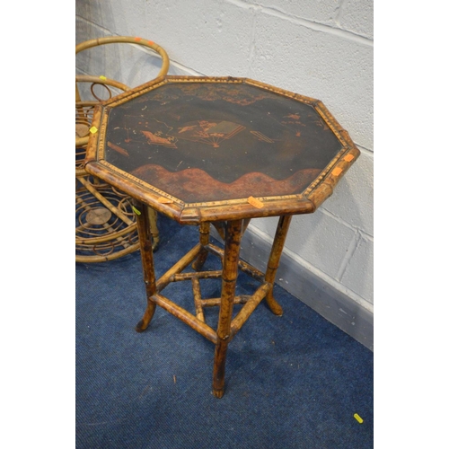 1491 - A WICKER PEACOCK CHAIR, along with a bamboo drinks trolley and an oriental bamboo occasional table (... 