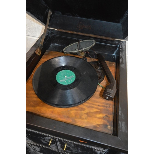 1492 - A GARRARD TURNTABLE, with a Bakelite tone arm, within a vintage oak gramophone case, with 46cm x dep... 