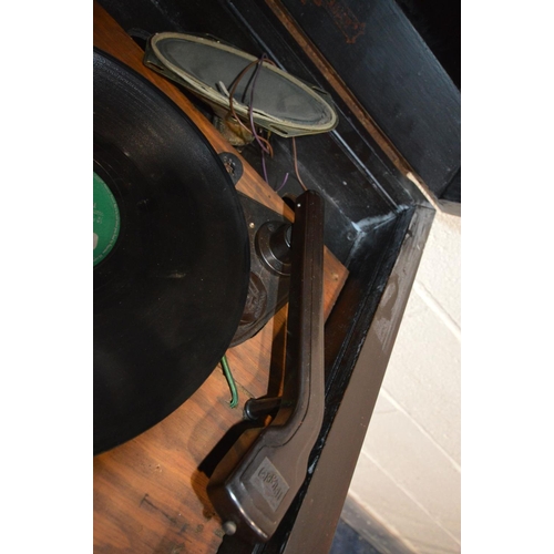 1492 - A GARRARD TURNTABLE, with a Bakelite tone arm, within a vintage oak gramophone case, with 46cm x dep... 