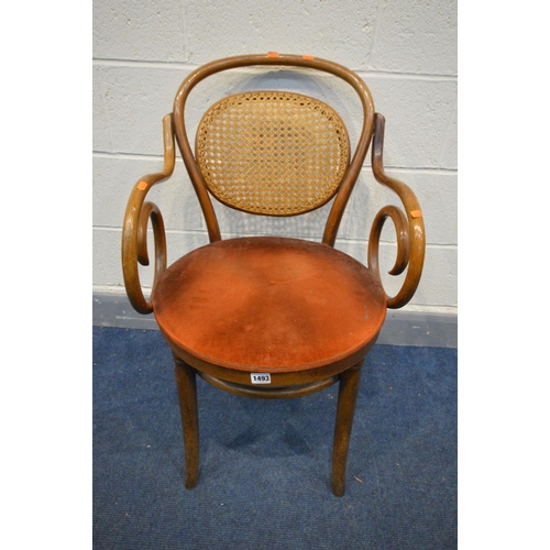 1493 - A DINETTE BEECH BENTWOOD ARMCHAIR, with bergère back