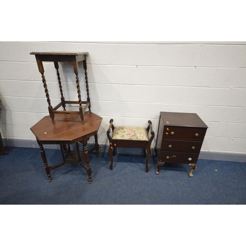 1496 - AN EDWARDIAN WALNUT OCTAGONAL CENTRE TABLE, an Edwardian piano stool, oak occasional table and a thr... 