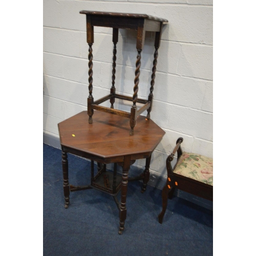 1496 - AN EDWARDIAN WALNUT OCTAGONAL CENTRE TABLE, an Edwardian piano stool, oak occasional table and a thr... 