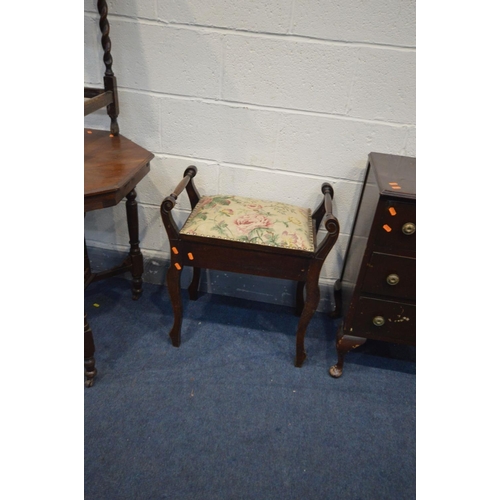 1496 - AN EDWARDIAN WALNUT OCTAGONAL CENTRE TABLE, an Edwardian piano stool, oak occasional table and a thr... 