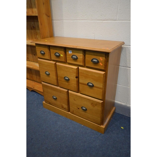 1497 - A PINE CHEST OF NINE ASSORTED DRAWERS, width 89cm x depth 41cm x height 89cm and a bespoke pine open... 