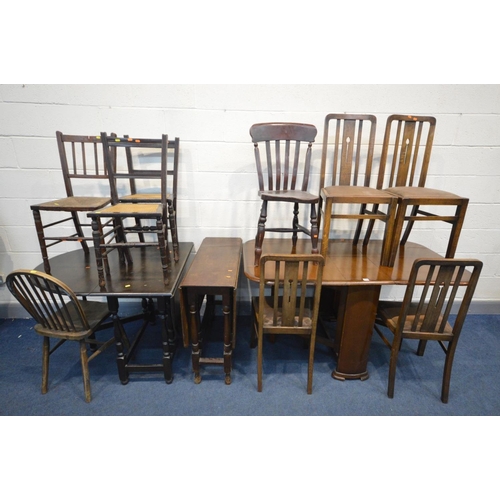 1498 - THREE VARIOUS OAK TABLES, and a set of four Arts and Crafts oak chairs, and five other chairs (12)