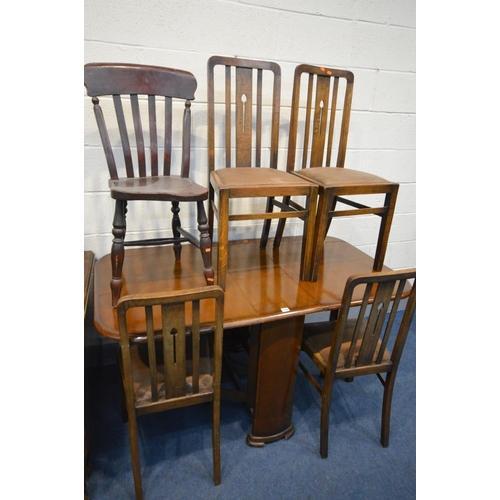 1498 - THREE VARIOUS OAK TABLES, and a set of four Arts and Crafts oak chairs, and five other chairs (12)