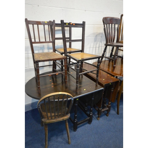 1498 - THREE VARIOUS OAK TABLES, and a set of four Arts and Crafts oak chairs, and five other chairs (12)