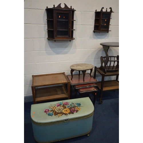 1499 - A QUANTITY OF OCCASSIONAL FURNITURE, to include a mahogany nest of three tables, two small wall disp... 