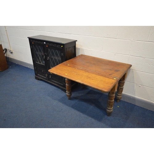 1501 - A LATE VICTORIAN PINE DROP END KITCHEN TABLE, on turned legs, open length 88cm x closed 63cm x depth... 