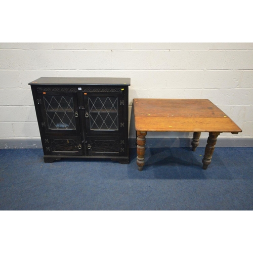 1501 - A LATE VICTORIAN PINE DROP END KITCHEN TABLE, on turned legs, open length 88cm x closed 63cm x depth... 