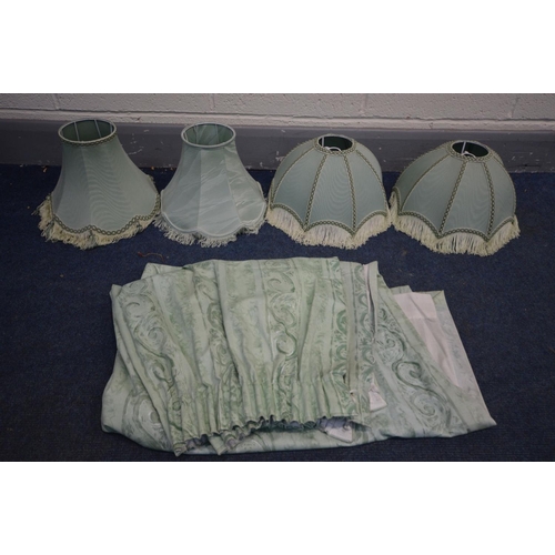 1507 - A PAIR OF GREEN DOMED TABLE LAMP SHADES, two other green shades, and a pair of green curtains (5)