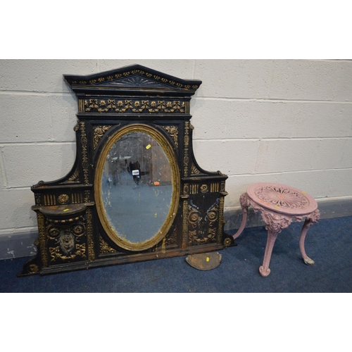 1508 - A DISTRESSED CAST IRON OVERMANTEL MIRROR, overpainted gilt and black, oval mirror, 120cm x 100cm (co... 