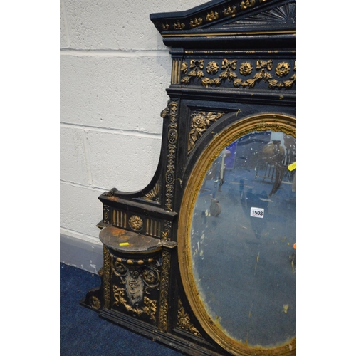 1508 - A DISTRESSED CAST IRON OVERMANTEL MIRROR, overpainted gilt and black, oval mirror, 120cm x 100cm (co... 