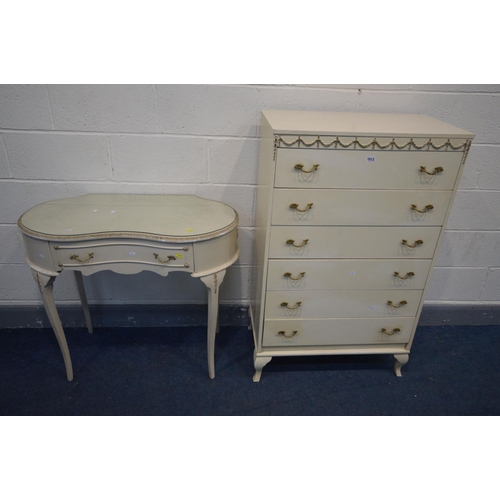 1513 - A FRENCH CREAM TWO PIECE BEDROOM SUITE, comprising a tall chest of six drawers, width 74cm x depth 4... 