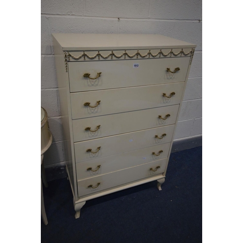 1513 - A FRENCH CREAM TWO PIECE BEDROOM SUITE, comprising a tall chest of six drawers, width 74cm x depth 4... 