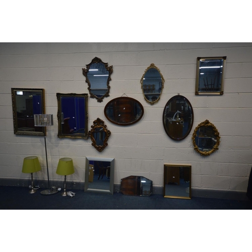 1516 - TWELVE VARIOUS WALL MIRRORS of various styles, sizes, ages and materials, along with a modern standa... 