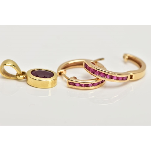 101 - A PAIR OF YELLOW METAL RUBY HOOP EARRINGS AND A YELLOW METAL RUBY PENDANT, the pair of huggie earrin... 