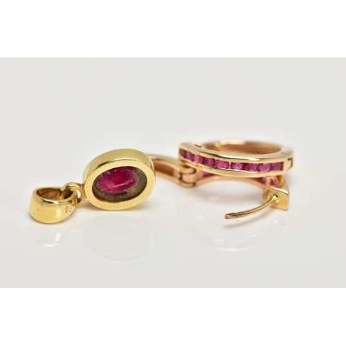 101 - A PAIR OF YELLOW METAL RUBY HOOP EARRINGS AND A YELLOW METAL RUBY PENDANT, the pair of huggie earrin... 