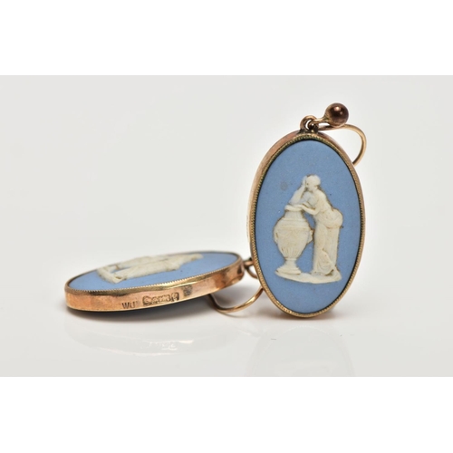 103 - A PAIR OF 9CT GOLD WEDGWOOD EARRINGS, each of an oval drop form, collet mount, hallmarked 9ct gold E... 