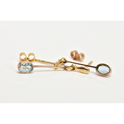 106 - A PAIR OF 9CT GOLD AQUAMARINE EARRINGS, each drop earring designed with a tear shape terminal suspen... 