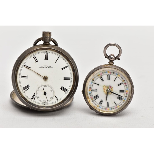 107 - TWO SILVER POCKET WATCHES, the first an a.f open face watch, white dial signed 'A.W.W Co Waltham Mas... 