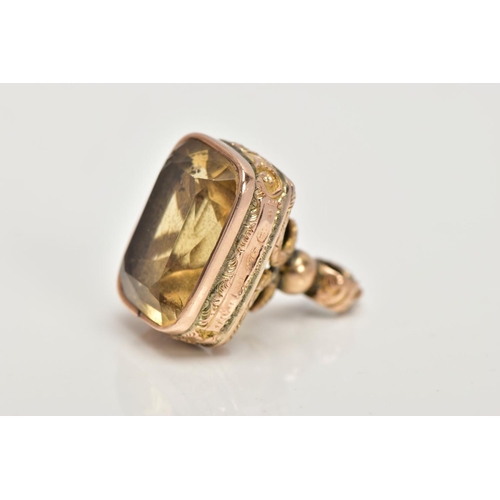 109 - A VICTORIAN 9CT GOLD CITRINE FOB, of a rounded rectangular form set with a rectangular cut citrine, ... 