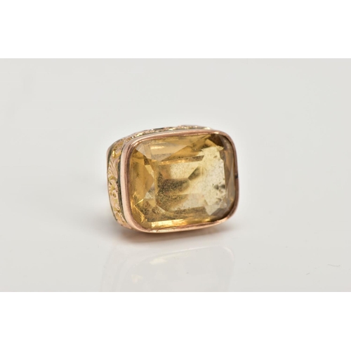 109 - A VICTORIAN 9CT GOLD CITRINE FOB, of a rounded rectangular form set with a rectangular cut citrine, ... 