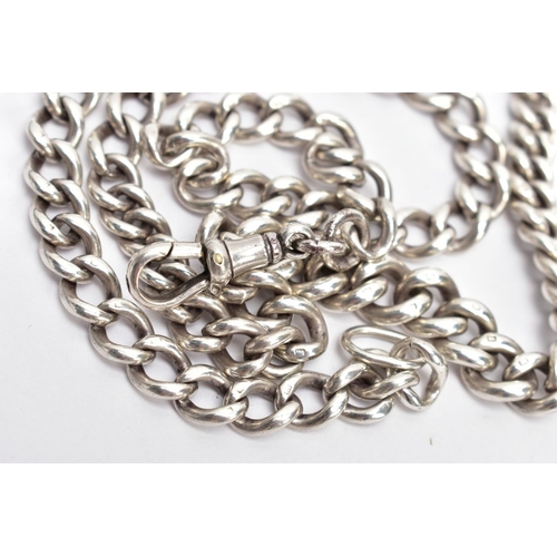 113 - A HEAVY SILVER CHAIN, graduated curb link design, fitted with a lobster hook clasp, each link stampe... 