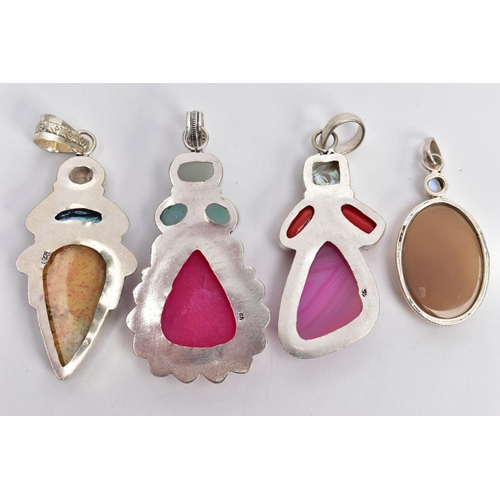 118 - FOUR WHITE METAL SEMI-PRECIOUS STONE SET PENDANTS, set with a variety of semi-precious stones such a... 