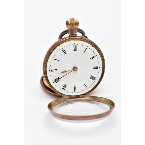 119 - A LADYS GOLD PLATED OPEN FACE POCKET WATCH, white dial, Roman numerals, gold hands, engraved floral ... 