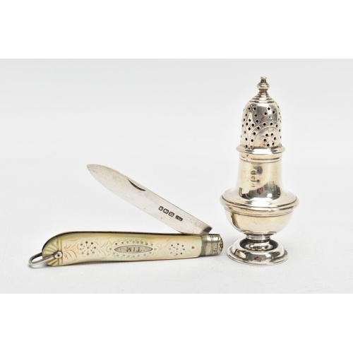 126 - A SILVER PEPPERETTE AND A SILVER MOTHER OF PEARL FRUIT KNIFE, the pepperette of a baluster form, pie... 