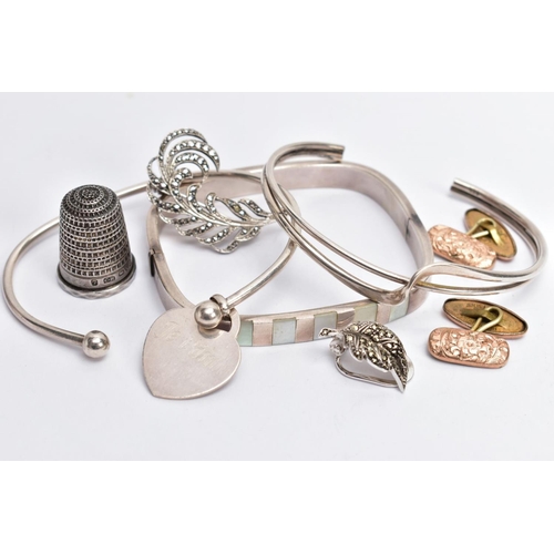 128 - A SELECTION OF ITEMS, to include two silver cuffs each with full hallmarks for Birmingham and Sheffi... 