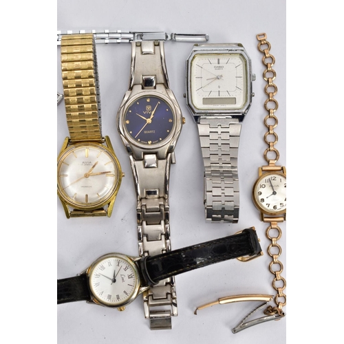 134 - SEVEN ASSORTED WRISTWATCHES, to include a gents gold-plated 'Avia' seventeen jewel wristwatch (missi... 